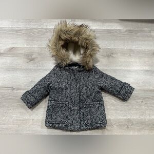 I170 BABY GAP Blue White Wool Blend Faux Fur Trim Lined Coat Jacket 12-18 months